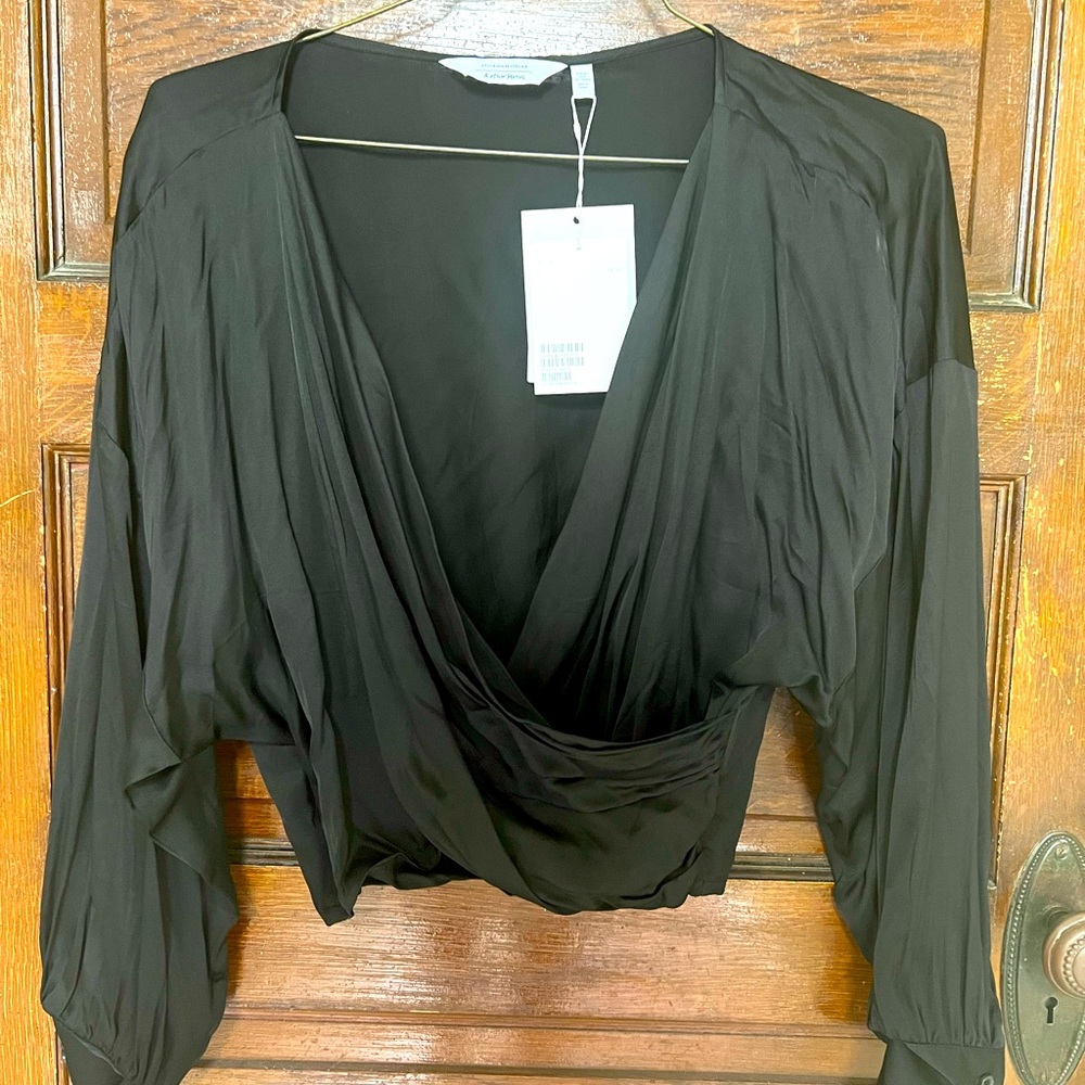 Draped Satin Wrap Blouse, Black
